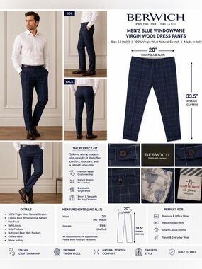 Berwich Men's Blue Windowpane Virgin Wool Dress Pants Size 54 Italy 20x33.5 Cuff